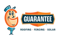 Logo of Guarantee Roofing and Fence. The company name is in navy and white with a cartoon character whose face is the shape of a G in next to it.