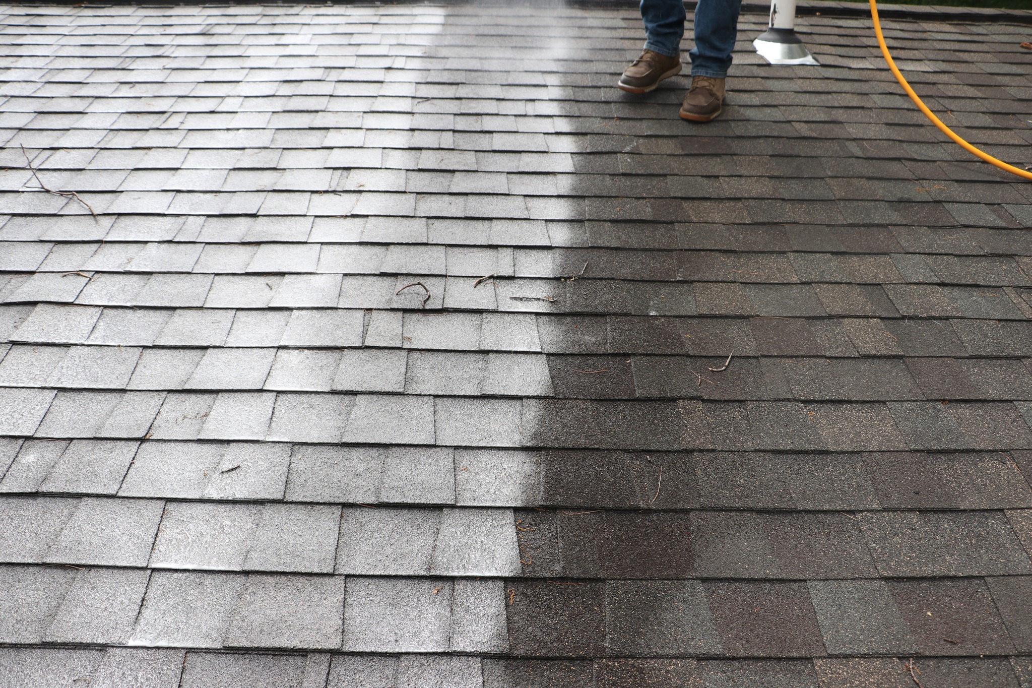 Close up, side by side photo of a cleaned and non-cleaned part of a roof.