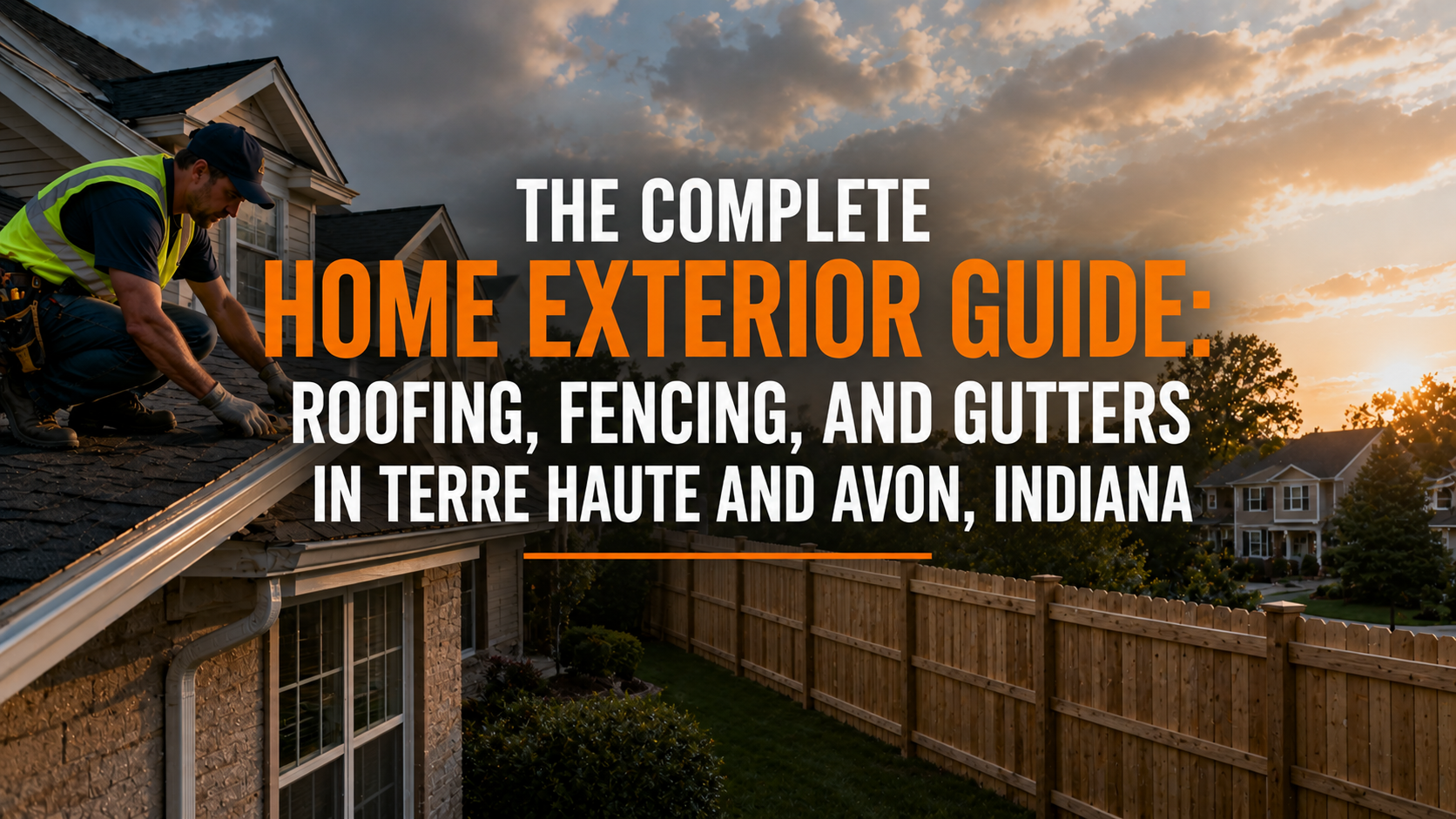 Roofing contractor working on a home exterior with fencing and gutters visible at sunset in a suburban Indiana neighborhood, featuring text for a complete exterior home improvement guide for Terre Haute and Avon, Indiana.