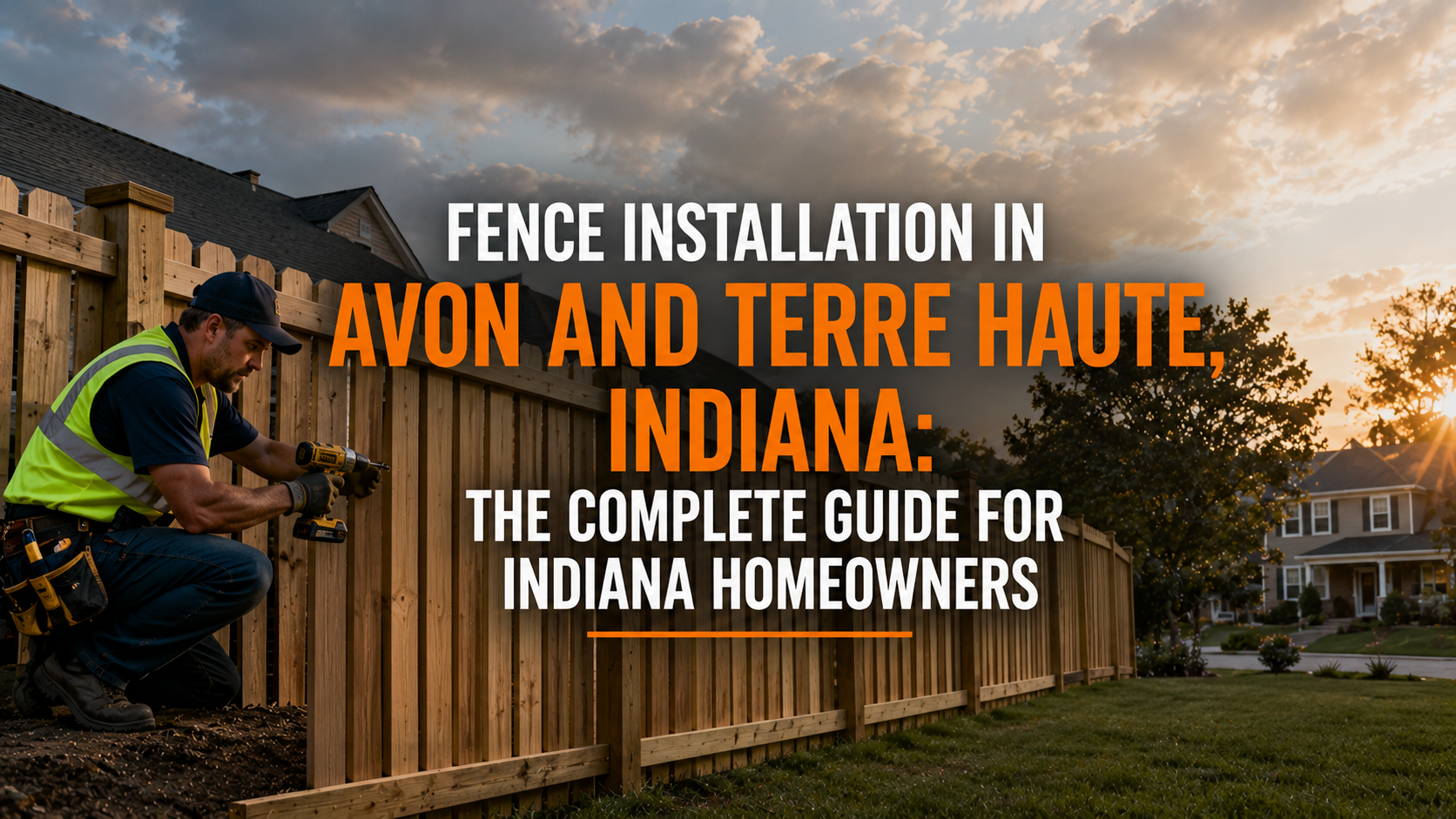 Contractor installing a wooden privacy fence in a suburban Indiana neighborhood at sunset with bold text reading “Fence Installation in Avon and Terre Haute, Indiana: The Complete Guide for Indiana Homeowners.”