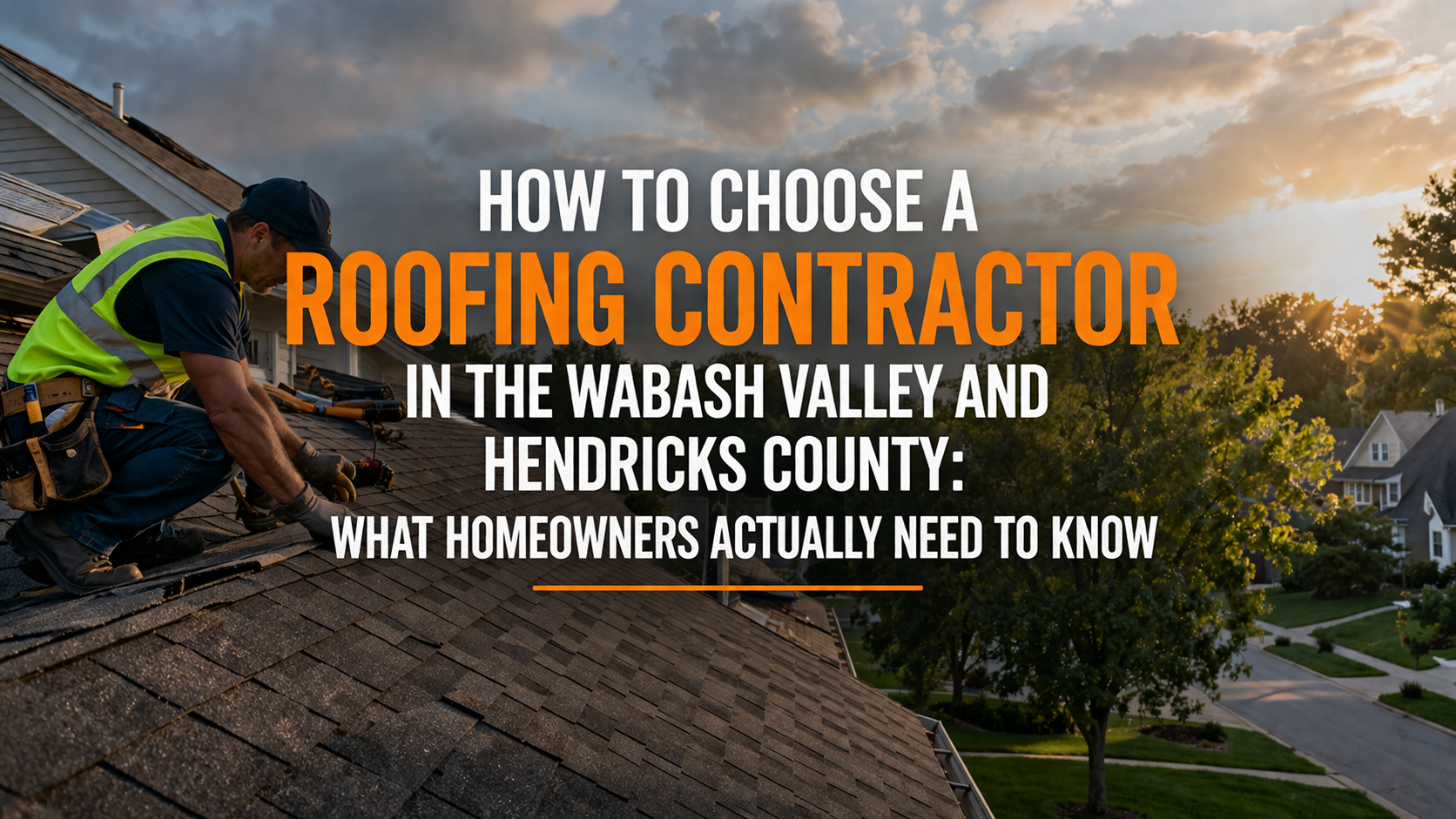 Roofing contractor working on a residential roof at sunset with centered text reading “How to Choose a Roofing Contractor in the Wabash Valley and Hendricks County: What Homeowners Actually Need to Know,” representing a homeowner’s guide to selecting a trusted roofing professional in Indiana.