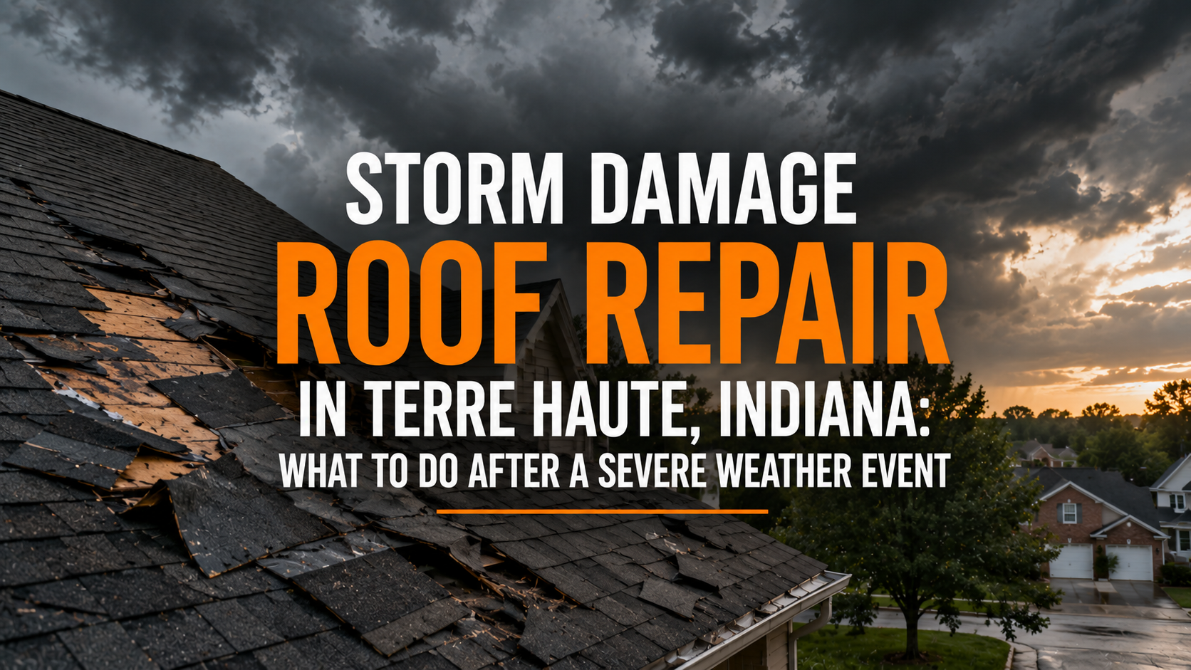 Storm-damaged roof with missing shingles under dark storm clouds above a suburban neighborhood in Terre Haute, Indiana, featuring text about roof repair after severe weather.