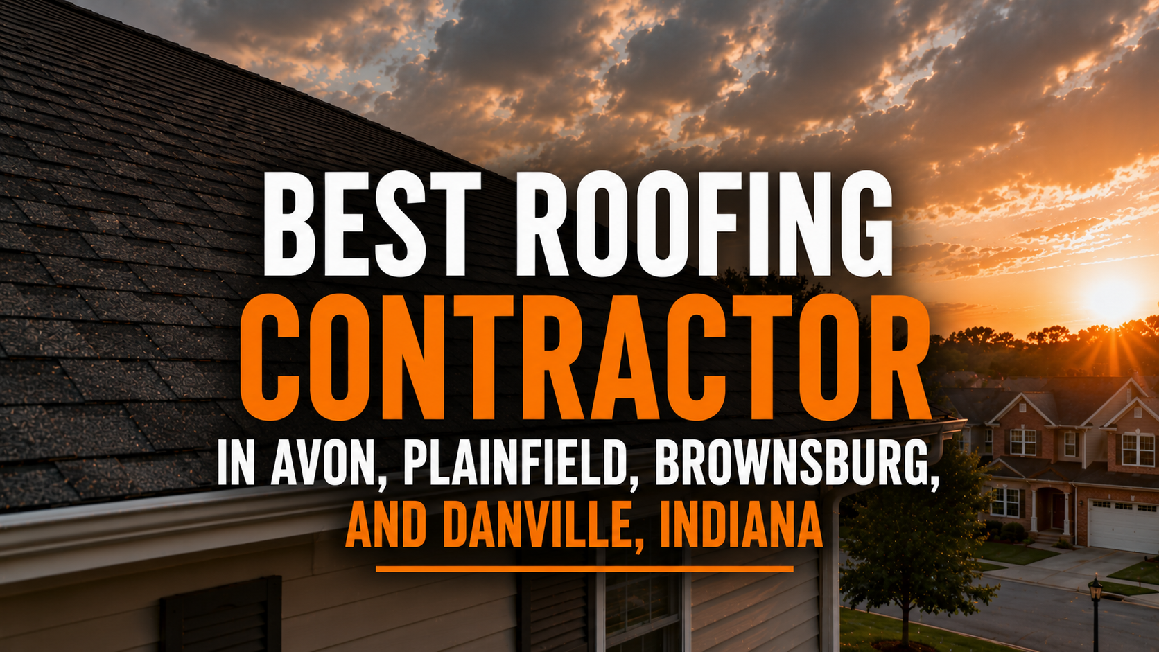 Residential asphalt shingle roof overlooking a suburban neighborhood at sunset with text promoting the best roofing contractor in Avon, Plainfield, Brownsburg, and Danville, Indiana.