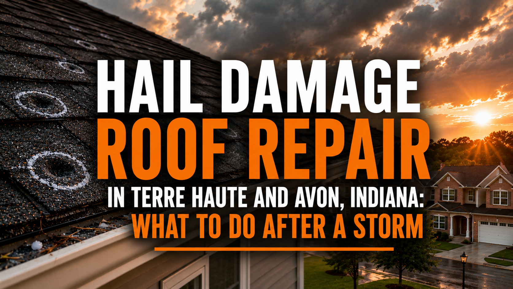 Close-up of a hail-damaged asphalt shingle roof after an Indiana storm, with dents and impact marks visible on the shingles. A dramatic sunset and suburban neighborhood appear in the background, with bold text reading, "Hail Damage Roof Repair in Terre Haute and Avon, Indiana: What to Do After a Storm."
