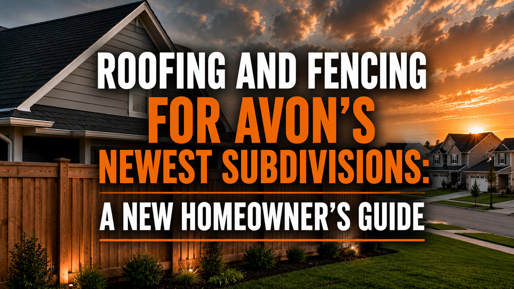 Blog header featuring a modern home with a new asphalt shingle roof and wood privacy fence in a newly built Avon, Indiana subdivision at sunset. Large white and orange text reads, "Roofing and Fencing for Avon's Newest Subdivisions: A New Homeowner's Guide."