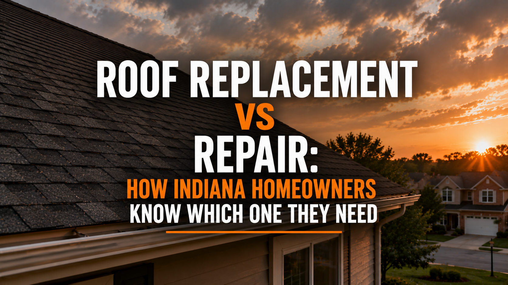 Residential roof at sunset in an Indiana neighborhood with bold text comparing roof replacement and roof repair for homeowners.