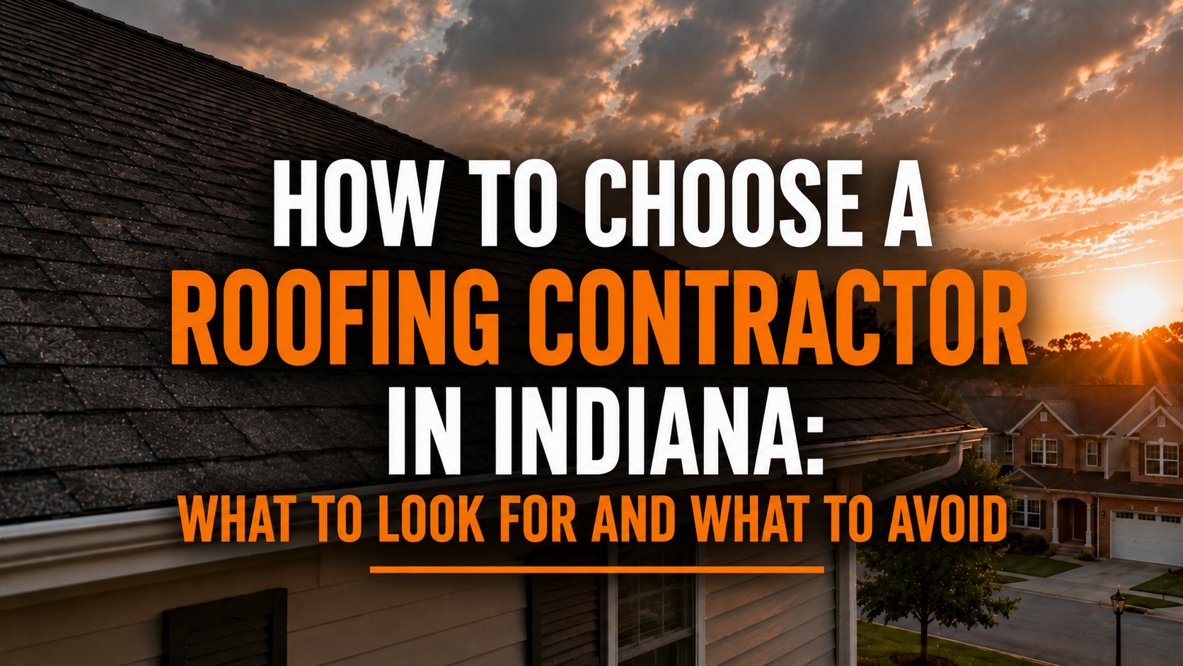 Promotional blog graphic featuring a residential asphalt shingle roof at sunset overlooking a suburban Indiana neighborhood. Large bold text reads: “How to Choose a Roofing Contractor in Indiana: What to Look For and What to Avoid.” The design uses white and orange typography against a dramatic sky and rooftop background.