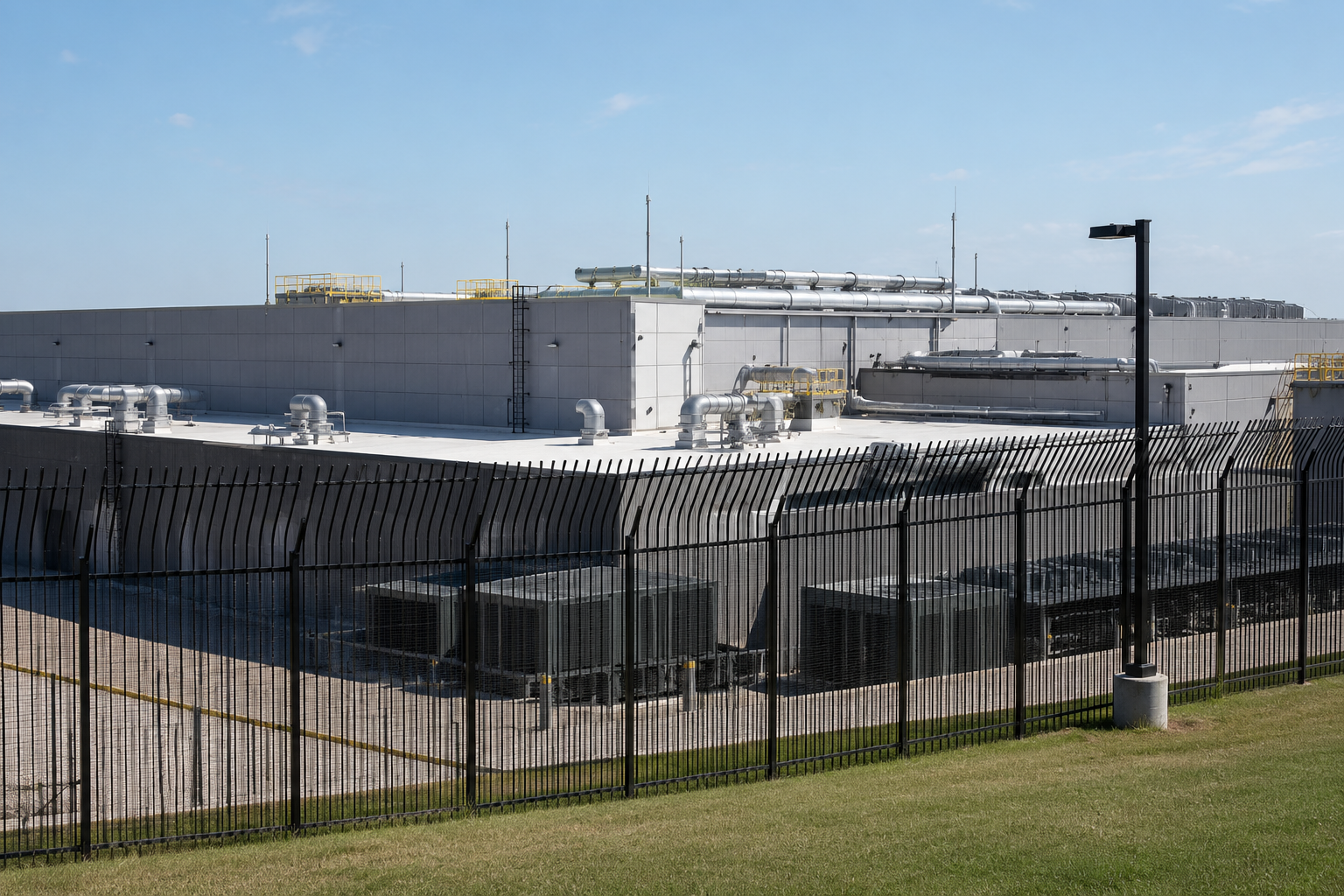 Hyper-realistic exterior view of a modern data center featuring a large commercial flat roof with rooftop mechanical equipment behind a tall black security fence under a clear blue sky.