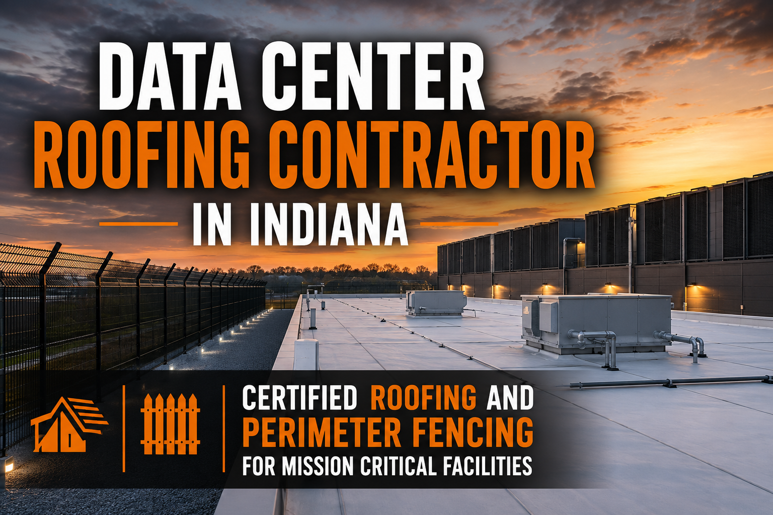 A modern data center with a white commercial roof and high-security perimeter fence at sunset. Large white and orange text reads, "Data Center Roofing Contractor in Indiana — Certified Roofing and Perimeter Fencing for Mission Critical Facilities."