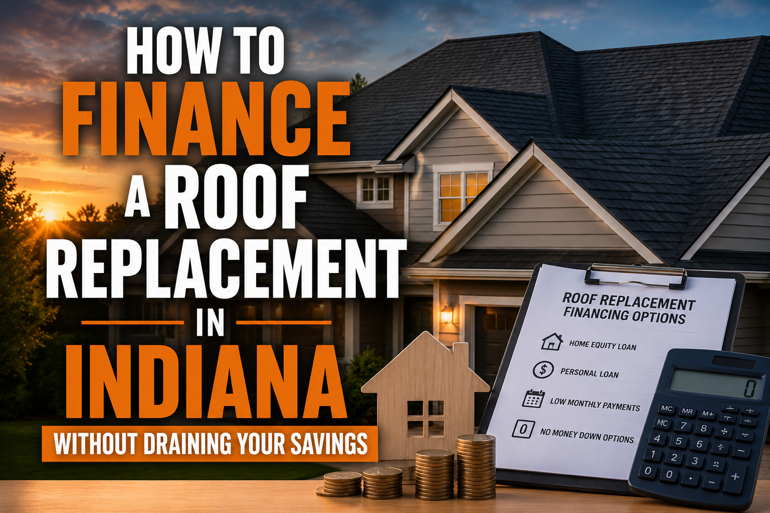 A modern home with a newly installed asphalt shingle roof at sunset, accompanied by a clipboard listing roof financing options, a calculator, and stacked coins. Large white and orange text reads, "How to Finance a Roof Replacement in Indiana Without Draining Your Savings."
